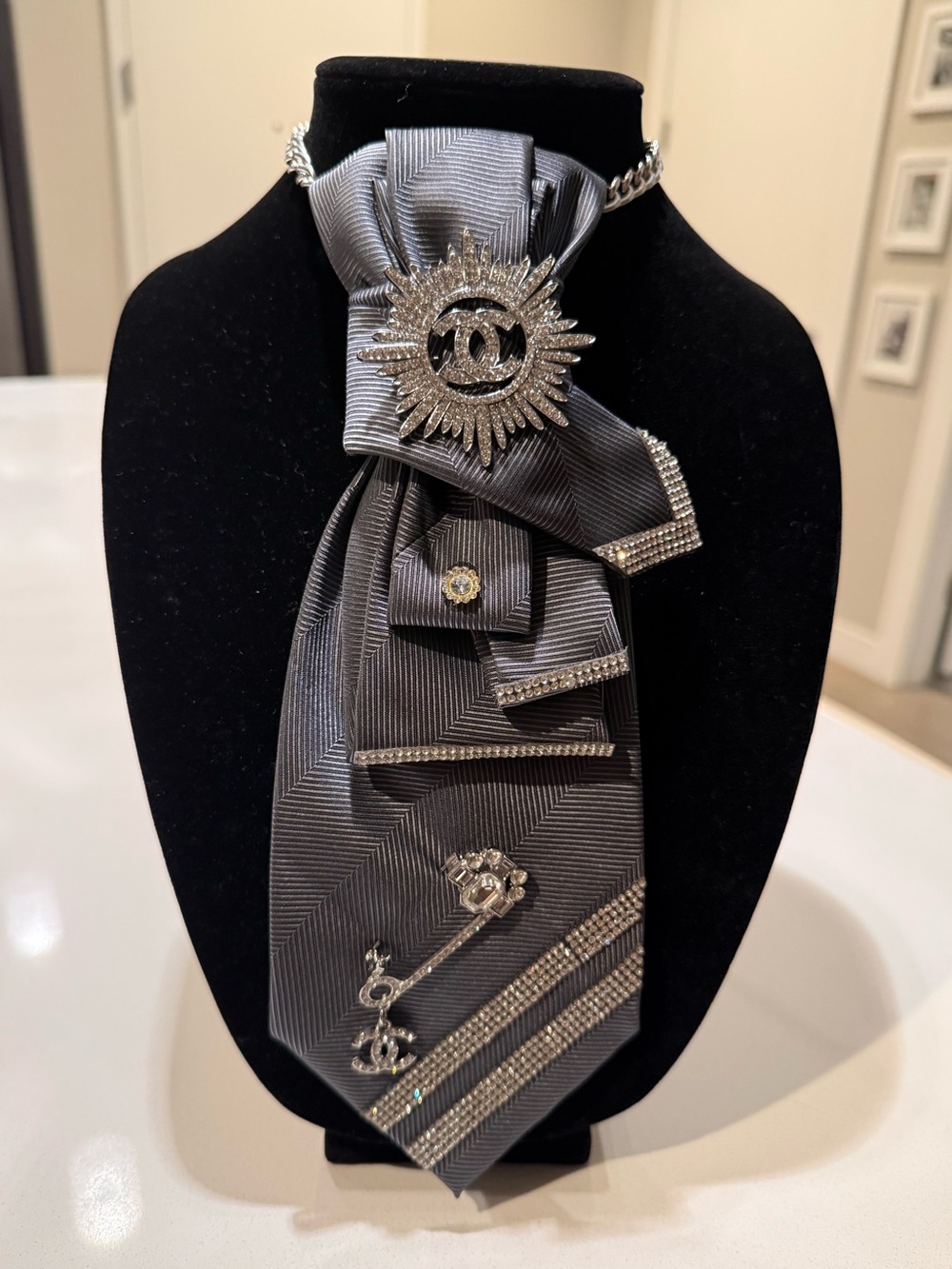 Statement Gray and Silver TIE NECKLACE with Rhinestone Brooch, Pin and Trim - Picture 8 of 8